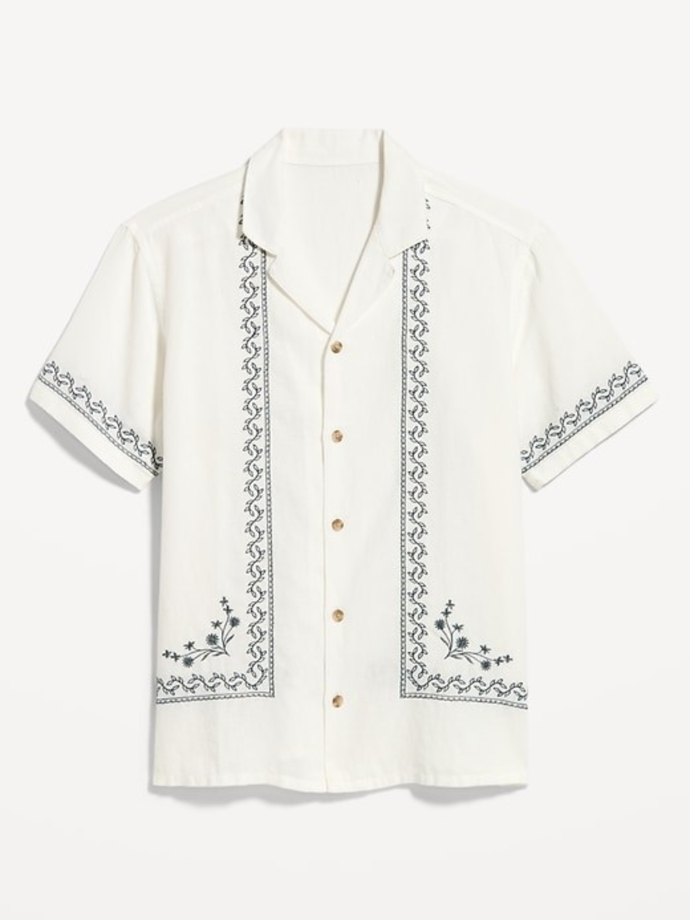 Old Navy White Short-Sleeve Button-Down Shirt with Black Embroidery
